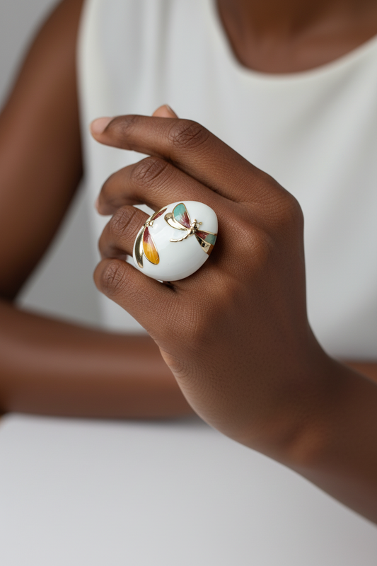 Decorative ring with colourful dragonfly design